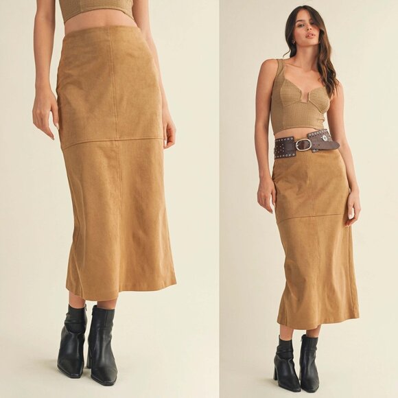 Krista Back Slit Tan Suede Skirt | Women's Midi | Trendy Fall and Winter Fashion - Picture 1 of 10